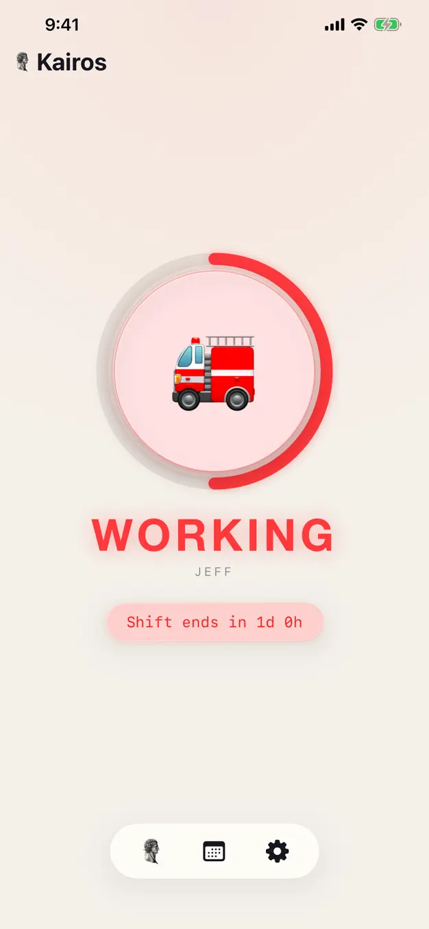 Kairos dashboard showing live on-duty status and shift countdown