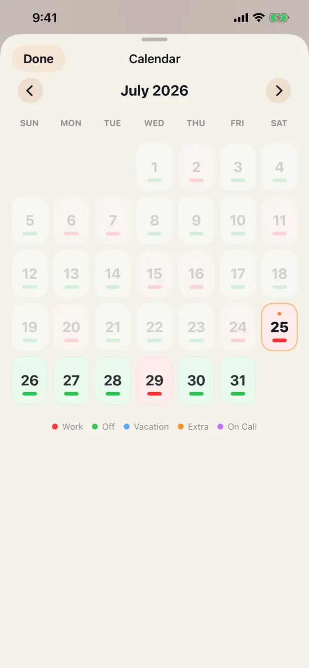 Kairos calendar showing a colour-coded month of shifts
