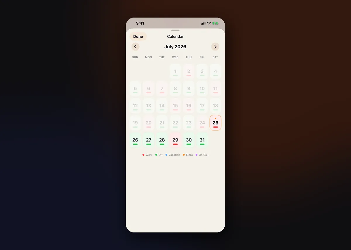 The Kairos month calendar, colour-coded by duty status